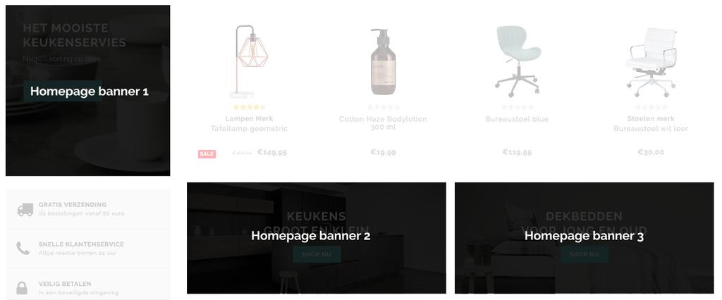 Homepagina Op de homepagina is plek ingericht voor een drietal banners. Onderstaand vind u een overzicht van welke banner refereert naar welke optie in de backoffice.