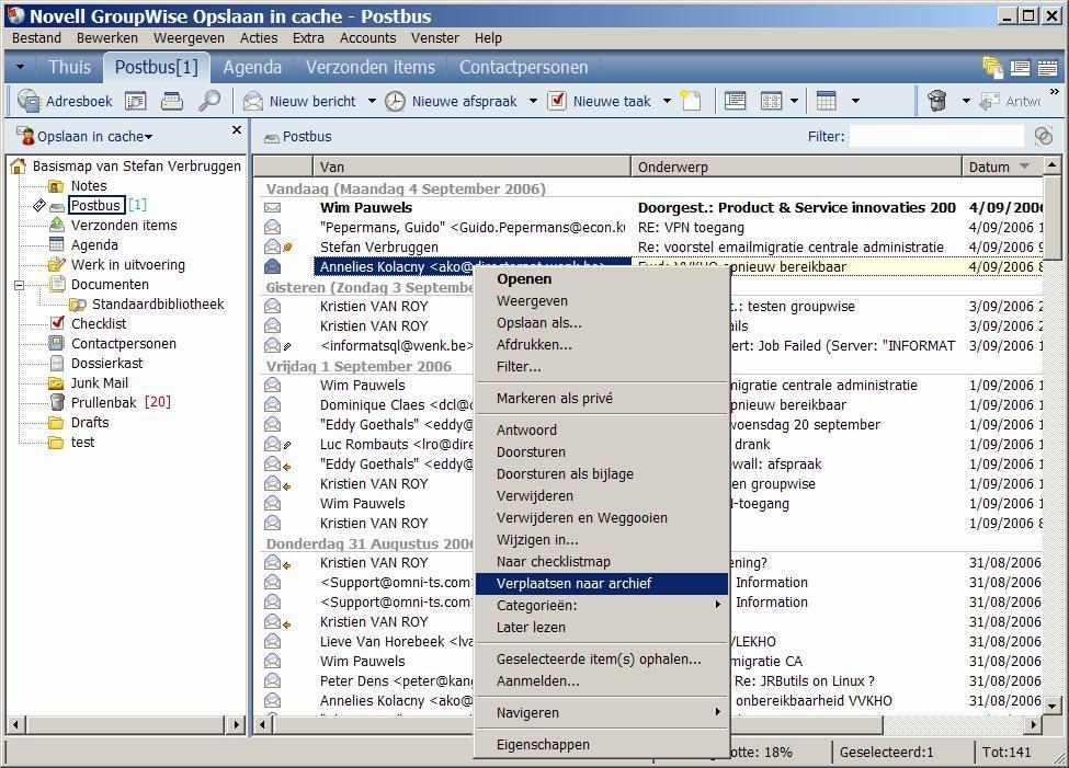 6.9 Archief Tijdens de installatie van de Groupwise client werd een lokaal archief aangemaakt waarin mails kunnen gearchiveerd worden.