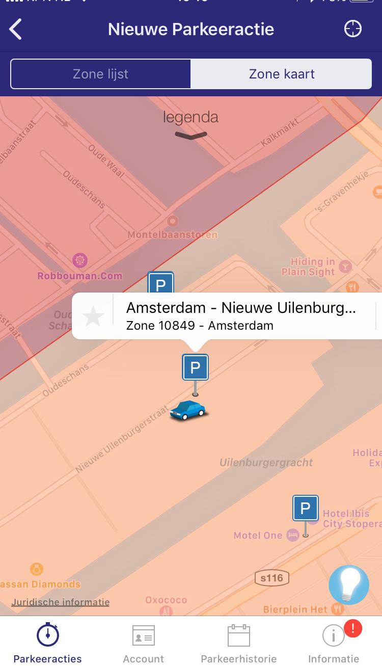 U kunt ook op basis van uw GPS locatie via de zone kaart een parkeeractie starten. Bevestig de voorgestelde zone door op het blauwe pijl-icoon te drukken.