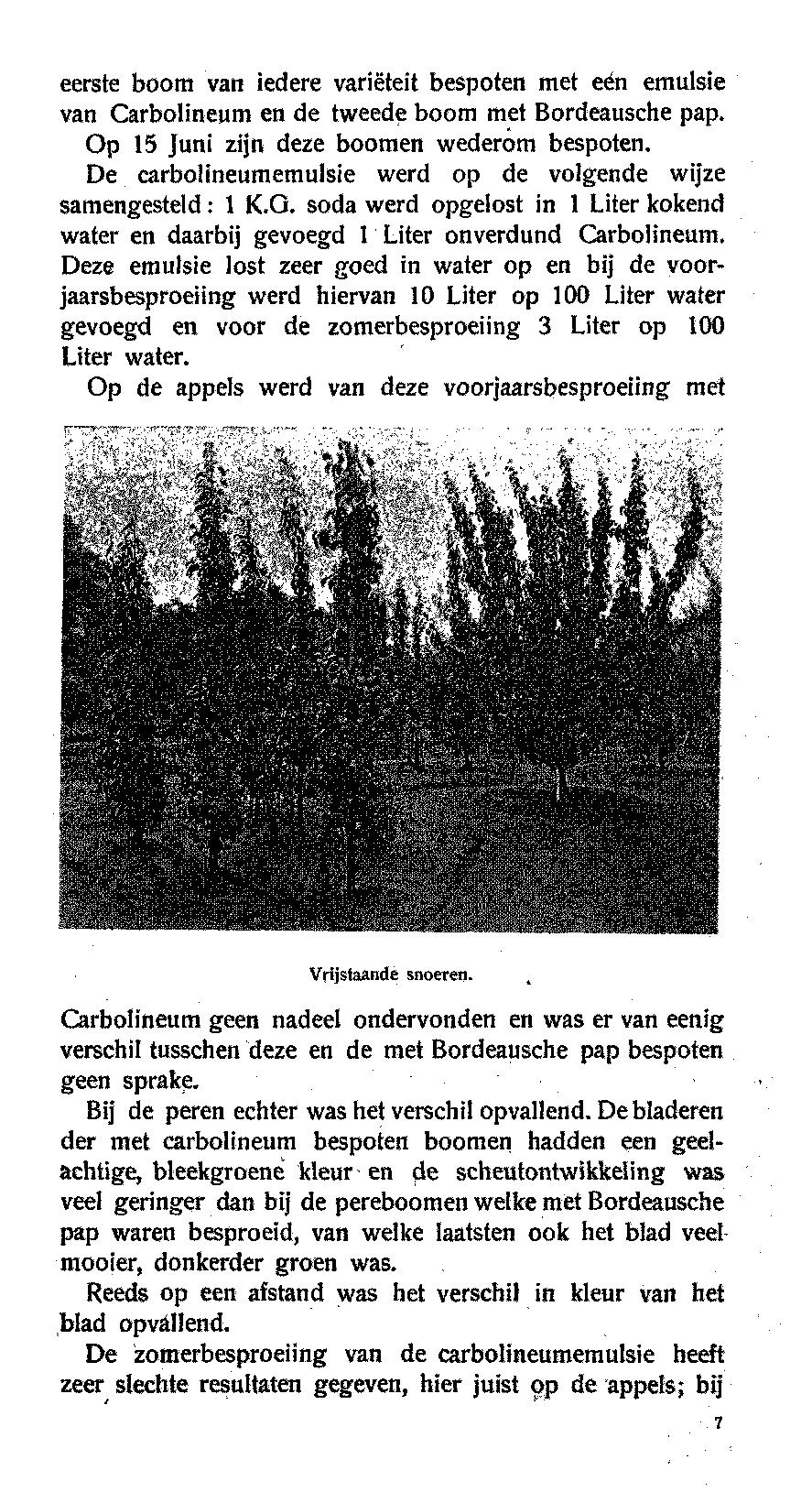 eerste boom van iedere variëteit bespoten met eén emulsie van Carbolineum en de tweede boom met Bordeauschepap. Op 15 Juni zijn deze boomen wederom bespoten.
