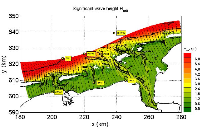 Golfdoordringing in Waddenzee Golfcondities opgelegd op buitenrand van model op basis van boei informatie Grote variatie in