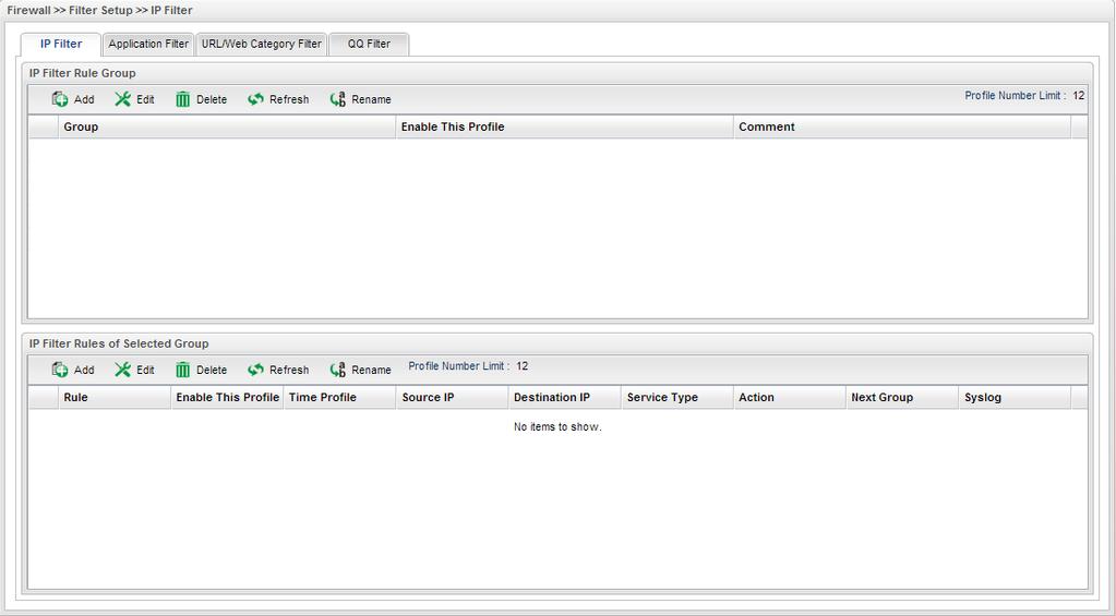 Firewall configuratie Filter Group Het aanmaken van verschillende Firewall regels kunt u doen in het Firewall >> Filter Setup menu.