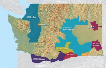 Washington State Washington State 20.257 ha, volume groter dan New York State Invloed Cascade Range 14 AVAs, o.a. Columbia Valley, Walla Walla Valley, Yakima Valley.