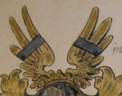 Wapen: Raesfelt: in goud een blauwe dwarsbalk. Helmteken: een gouden vlucht als het schild. Dekkleden: blauw en goud.