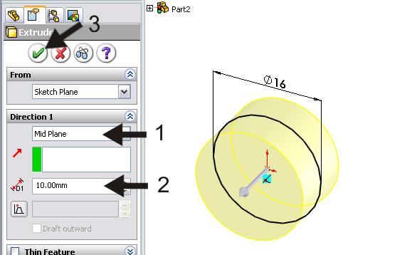 69 Maak van deze cirkel een extrusie: 1. Kies in de PropertyManager de optie Mid Plane 2. Geef als dikte 10mm 3. Klik op OK. Tip! De optie Mid plane hebben we nog niet eerder gebruikt.