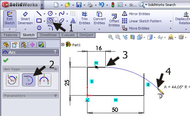1 Start SolidWorks en open een nieuw part. 2 Selecteer het Front Plane en maak daarop een sketch zoals je hiernaast ziet. De sketch bestaat uit vier lijnen en drie maten.