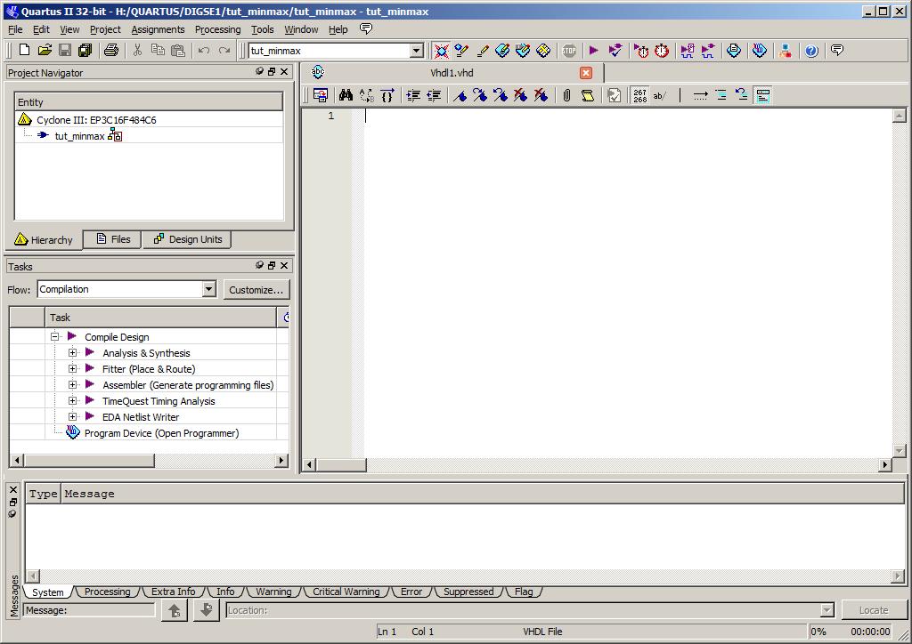 Figuur 4.15: Overzicht Quartus IDE na aanmaken nieuw VHDL-bestand.