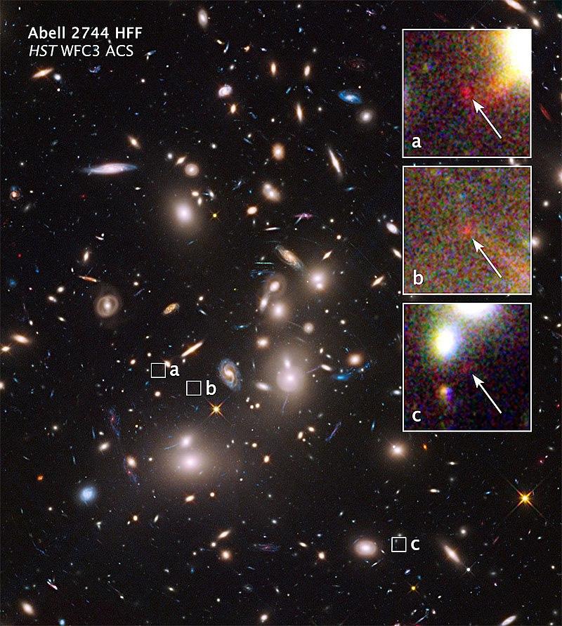 (uit zwakke lenswerking, optische telescopen) Rood = heet gas (uit Röntgenstraling, Chandra observatorium) Wit = optische straling van sterrenstelsels (Hubble