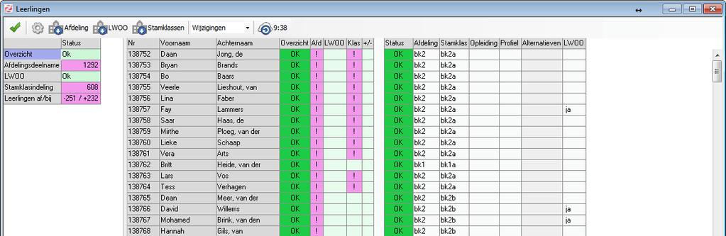 In het venster Leerlingen kunt u de mutaties uit het portal downloaden naar de desktop. Standaard ziet u het overzicht met de wijzigingen.