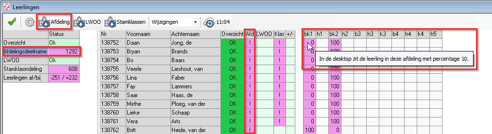 Bovenaan kunt u ervoor kiezen om in plaats van de wijzigingen alle leerlingen te zien. Aan het einde van de knoppenbalk ziet u een verversknop staan met een tijdstip.