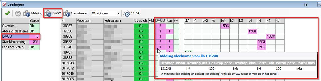 In de kolom Afd ziet u aan de paarse uitroeptekens welke leerlingen een afdelingsdeelname hebben, die niet overeenkomen met het portal.