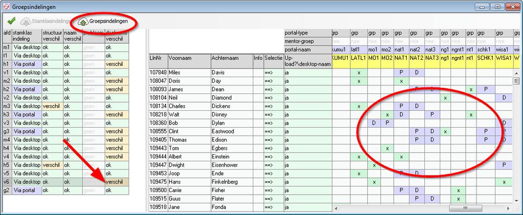 3. Aan de rechterzijde ziet u de leerlingen met de nieuwe stamklas. (P = Portal en D = Desktop, x = geen verschil) 4. Klik op de knop <Groepsindelingen> om deze te uploaden naar het portal.