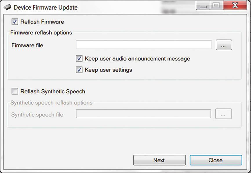 TA72 Configuration Manager De firmware en synthetische spraak updaten nl 21 6 De firmware en synthetische spraak updaten Wanneer de TA72 is aangesloten op de voeding en op de pc met Configuration