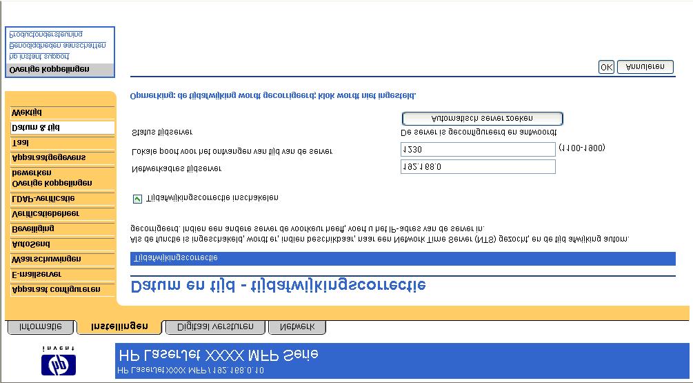 Afbeelding 3-15 Scherm Datum en tijd tijdafwijkingscorrectie Volg de onderstaande procedure om een netwerktijdserver