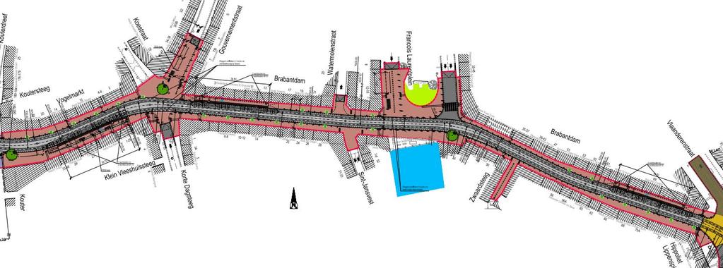 Overzichtsplan van de werken aan de Brabantdam ontleed: Figuur 3 grondplan Kouter Het gedeelte dat langs het plein op de Kouter wordt aangelegd met een laag cementbeton.