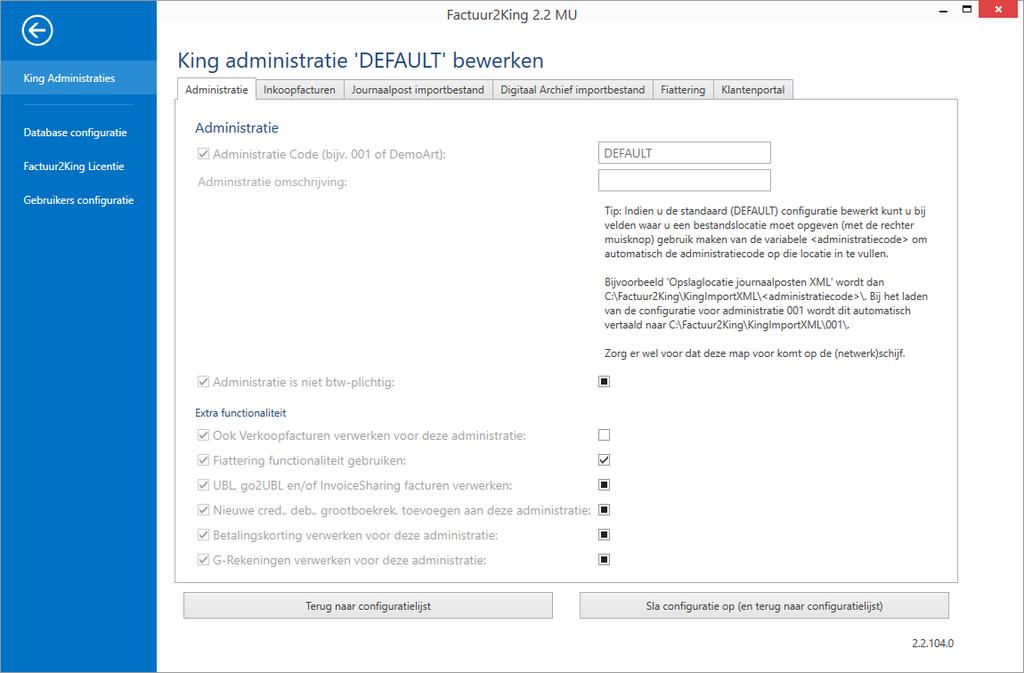 P a g i n a 42 5.1 ADMINISTRATIE Het eerste tabblad (Administratie) opent: In het eerste veld staat de Administratiecode, deze is voor de standaard administratie altijd DEFAULT.