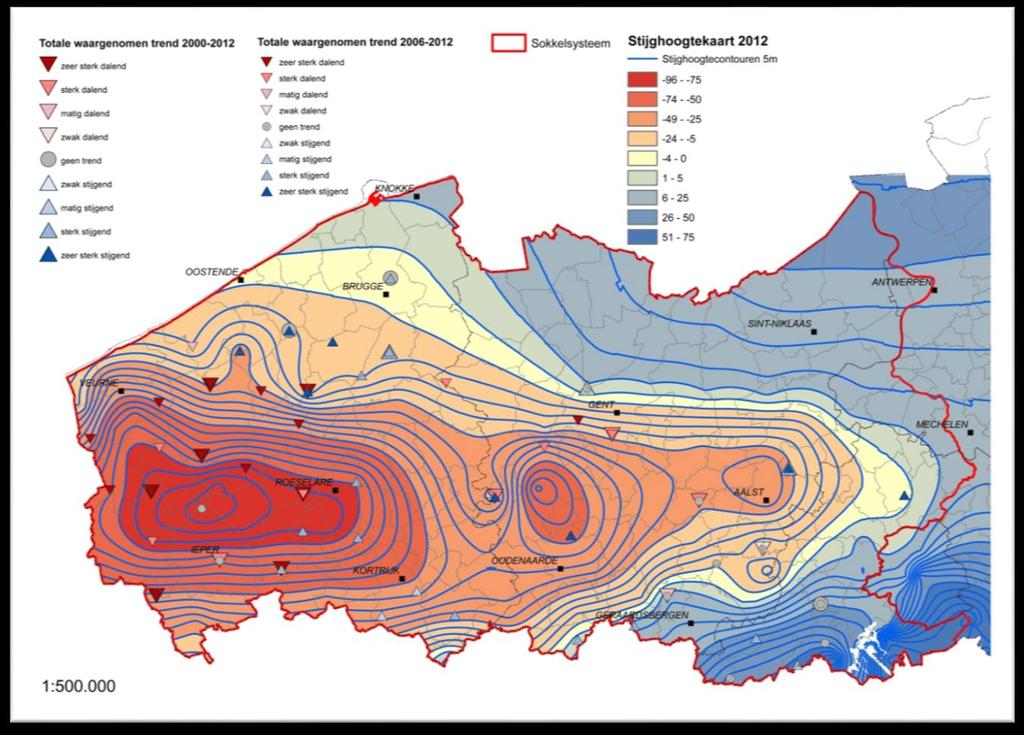 1380 Figuur 3.20: Stijghoogtekaart van het Paleoceen Aquifersysteem met waargenomen trends (DOV, 2012).