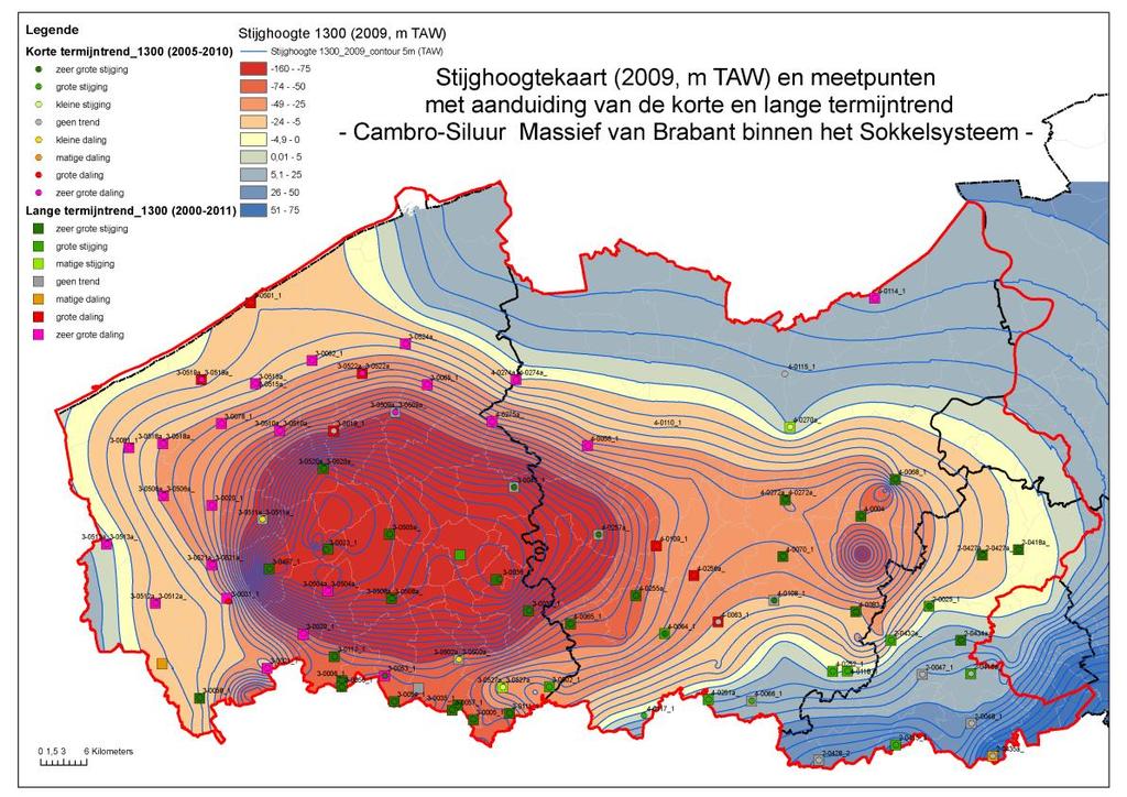 Massief van Brabant, met aanduiding van de korte- en langetermijn trendanalyse voor de
