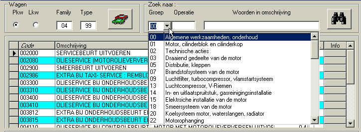 Een type van voertuig kan opgegeven worden door family en type code manueel in te vullen of door het zoeken model scherm dat men kan activeren door te klikken op de knop met de twee voertuigen