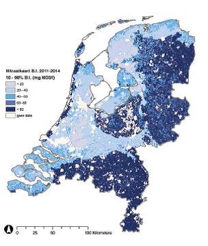 Figuur 1 Kaart met het 10-90% betrouwbaarheidsinterval voor de individuele 500*500 meter blokken over 2012-2015.