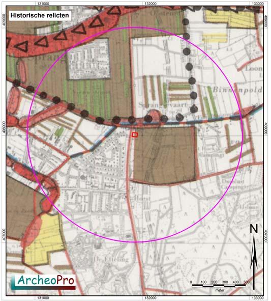 akkerland Volgens de kaart met historische relicten maakt het westelijke deel van het plangebied van oudsher deel uit van een open akkercomplex terwijl het oostelijke deel in een