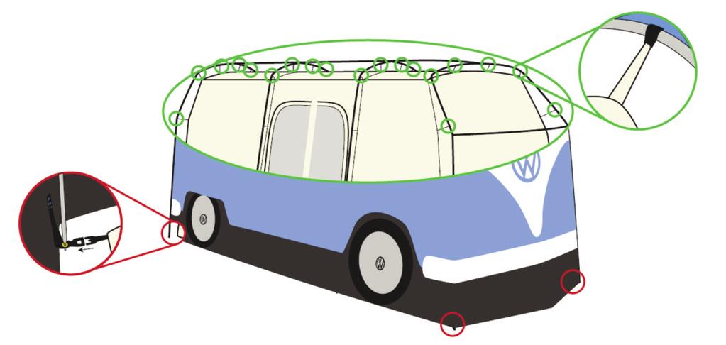 Stap 4 Binnentent Open de buitendeuren en leg de binnentent met de zwarte kant naar beneden op de grond van de tent.