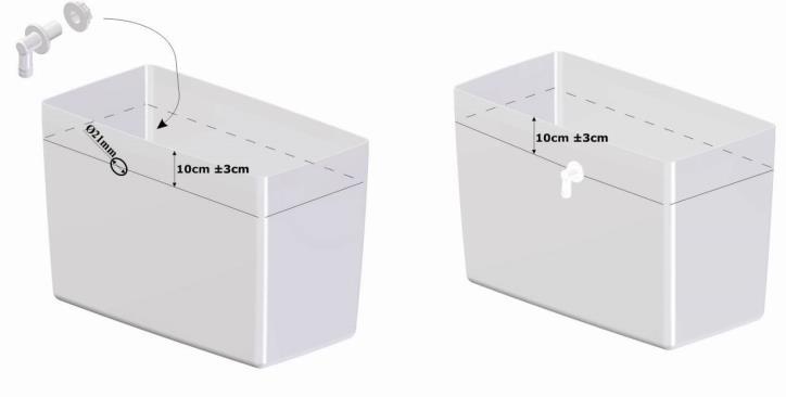 3.6 Overloop zoutreservoir Vergeet zeker niet de meegeleverde overloop te installeren. Maak eerst een gat in de container met een diameter van 21mm.