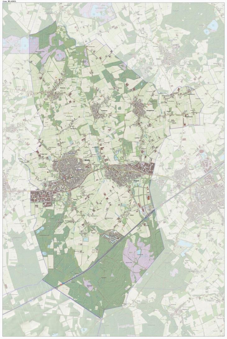 Figuur 9: Huidige kaart gemeente Bladel (bron: www.gemeenteatlas.nl, 2016) Gemeenten met een lage bevolkingsdichtheid zijn doorgaans landelijk met veel ruimte.