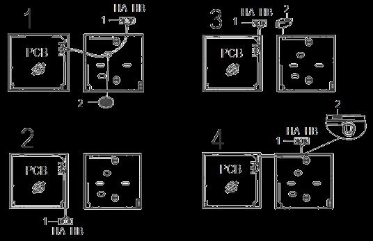 5. Draadverbinding met het binnentoestel. 4 manieren 1 van achteren; 2 van onderen; 3 van boven; 4 van boven midden. 1 terminal van het binnentoestel 2 openingen om de bedrading door te geleiden.