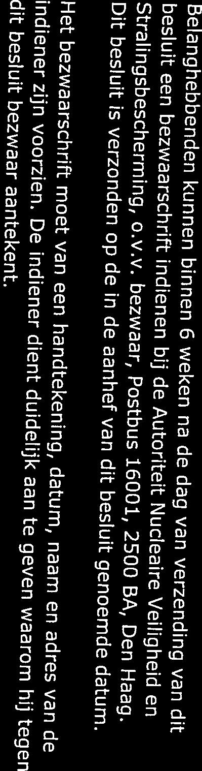 De indiener dient duidelijk aan te geven waarom hij tegen Dit besluit is verzonden op de in de aanhef van dit besluit genoemde datum. Stralingsbescherming, o.v.v. bezwaar, Postbus 16001, 2500 BA, Den Haag.