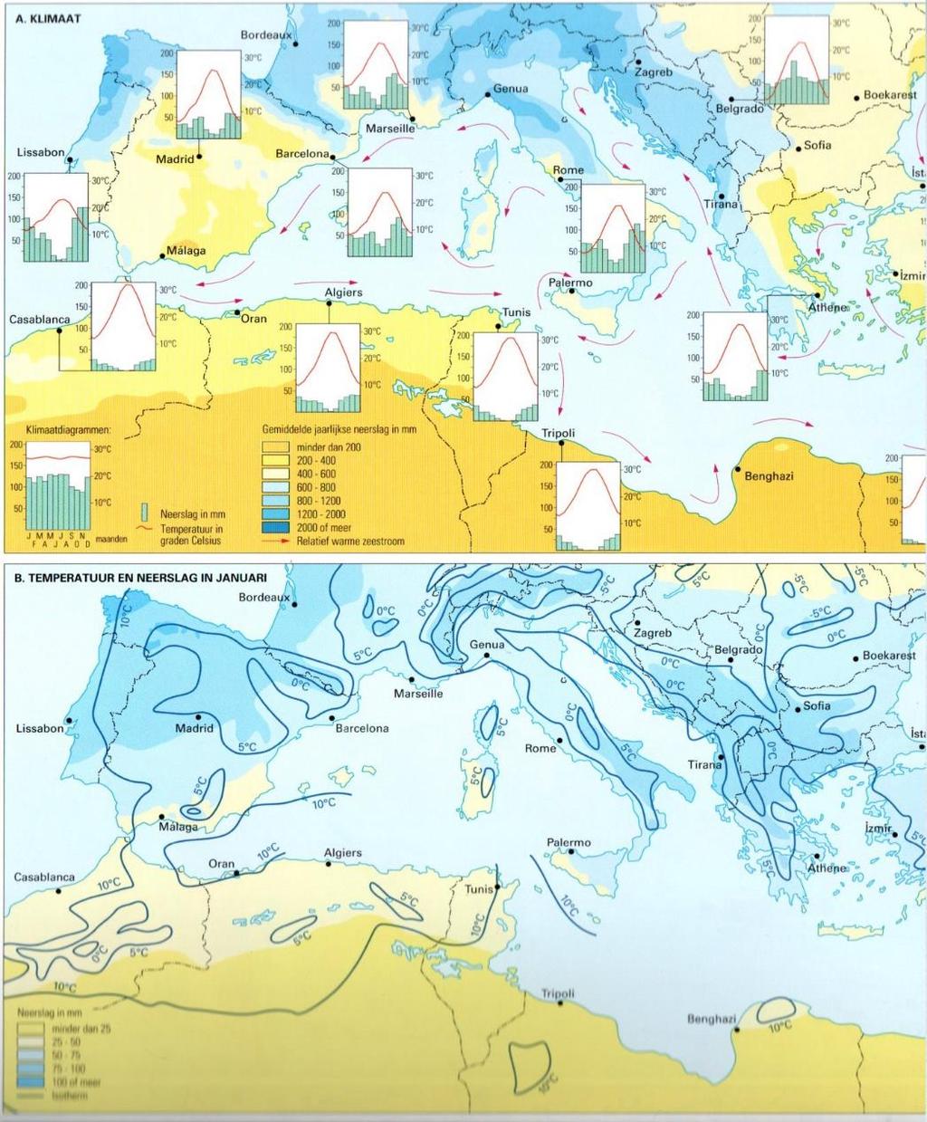 Figuur 14.1 Atlaskaarten 116A en 116B Grote Bosatlas. De te gebruiken kaart heeft als titel Klimaat.