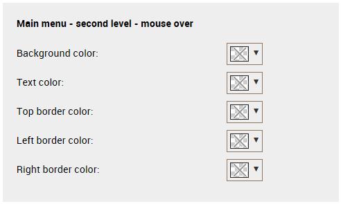 5.2.9. Main menu second level mouse over In het venster Main menu second level mouse over kunnen de kleuren van het menu worden aangepast.