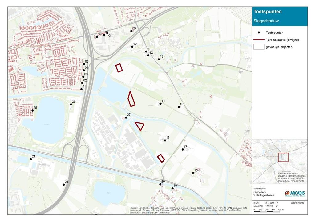 5 Berekeningsresultaten De posities van de beoordelingspunten bij woningen rondom het windpark en bij het kinderdagverblijf zijn weergegeven in afbeelding 4 en in bijlage 1.