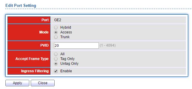 Als laatste dient u de Port Setting nog aan te passen. De uplink naar de router zal moeten functioneren als Hybrid poort.