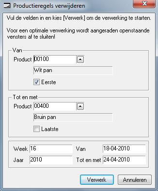 regels verwijderen regels verwijderen kunt bijvoorbeeld gebruiken indien u van bepaalde producten de receptuur hebt aangepast en de al aangemaakte productie opdrachten opnieuw wilt bepalen.