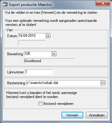 Export productie Maestro Indien u werkt met de koppeling Maestro dan kunt u hiermee het bestand voor Maestro aanmaken. Datum De datum waarvoor u de productie wilt klaarzetten.