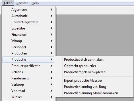 Taken Voordat u iets met productie kunt doen dient u een productie opdracht aan te maken. Dit kunt u automatisch doen via batch aanmaken, waarmee de bestelde aantallen worden getotaliseerd.