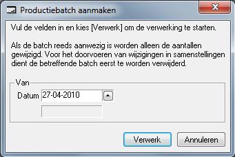 batch aanmaken Na de dagelijkse invoer van de verkoop opdrachten dient de productiebatch aangemaakt te worden.