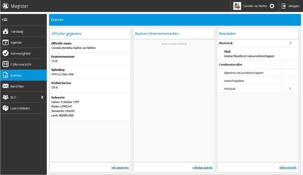 Klik op Examen om Officiële gegevens, Examenrooster en Resultaten te bekijken.