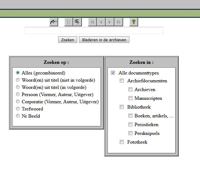 4. Een algemene opzoeking doen in Pallas Wanneer u op de website van de zoekrobot Pallas bent krijgt u een aantal opties: - In de linker kolom kan u het soort veld selecteren waarin u uw opzoeking