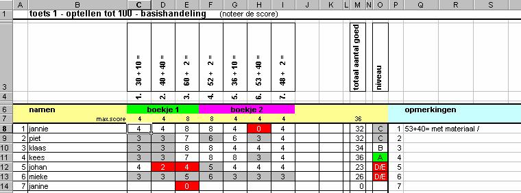 Vul de toetsgegevens in. De hokjes kleuren vanzelf grijs (matig) of rood (onvoldoende). Wit = voldoende. Het niveau 'verschijnt' automatisch (A = goed, B = voldoende, C = matig, D/E is onvoldoende).