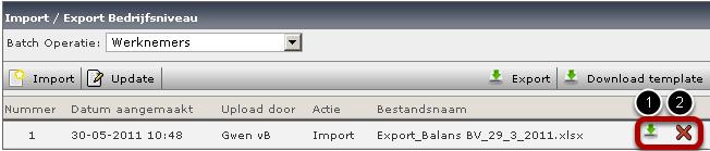 Na de import Na de import kunt u de sheet die u heeft geïmporteerd downloaden (1) of de geïmporteerde gegevens
