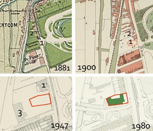 4a-d De situatie in de nabije omgeving van het plangebied (rood omlijnd). Op de kaart uit 1980 is het gesloopte gebouwtje Amstelveenseweg 122 groen gekleurd.