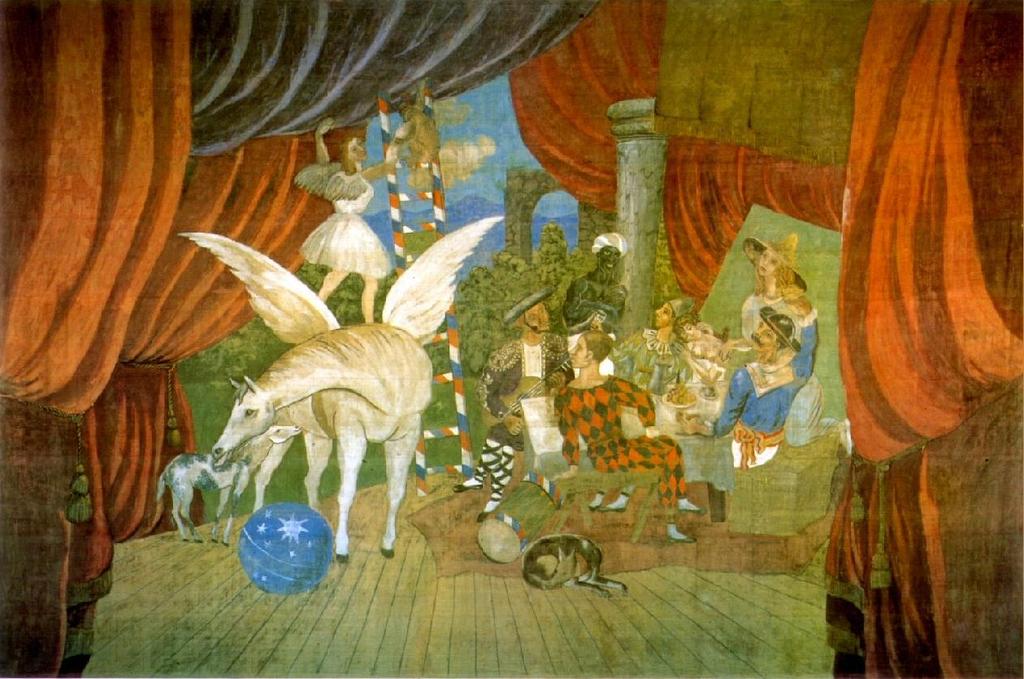 Op het voordoek van Picasso zie je een groep circusartiesten rond een tafel op een toneel met opzijgeschoven roodfluwelen gordijnen.