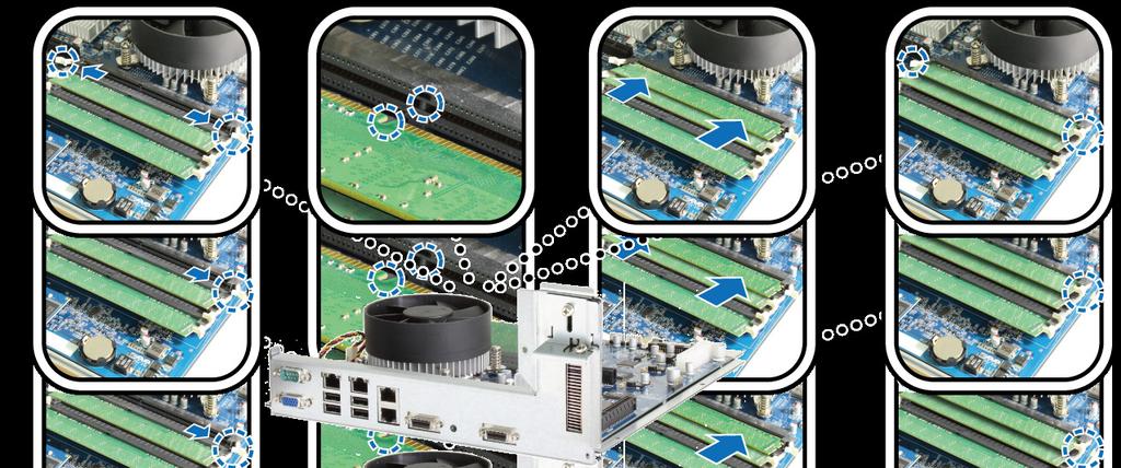 4 Steek de nieuwe geheugenmodule in de geheugensleuf op het moederbord: a Open de grendels van de geheugensleuf en druk ze opzij.