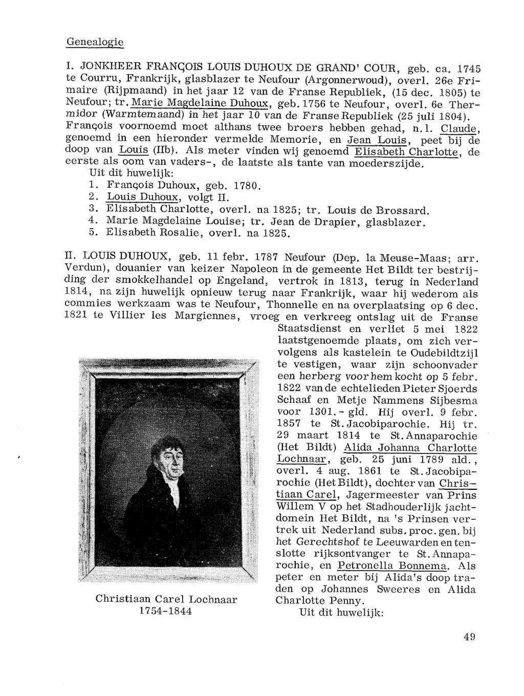 Genealogie I. JONKHEER FRANQOIS LOUIS DUHOUX DE GRAND' COUR, geb. ca. 1745 te Courru, Frankrijk, glasblazer te Neufour (Argonnerwoud), overl.