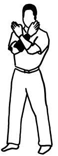Hikiwake (Gelijke score) De scheidsrechter kruist beide armen voor de borst, met gestrekte handen. De scheidsrechter zegt Hikiwake.