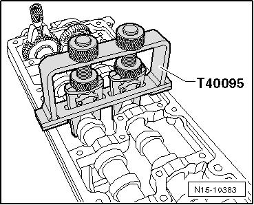 pagina 6 van 9 Nokkenasmontagegereedschap - T40095- zoals getoond plaatsen, en zo de nokkenassen in het lagerframe vastzetten. Deksel -T40094/11- verwijderen.