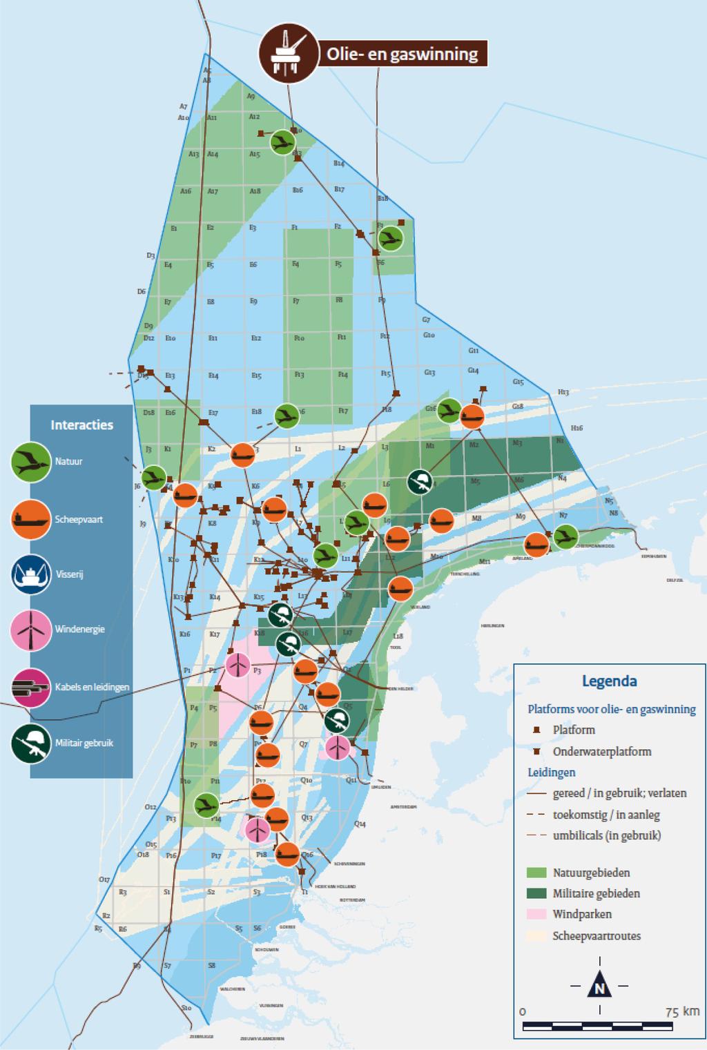 5.4 Olie- en gaswinning Op het Nederlands deel van de Noordzee zijn ongeveer honderdzestig productielocaties in bedrijf.