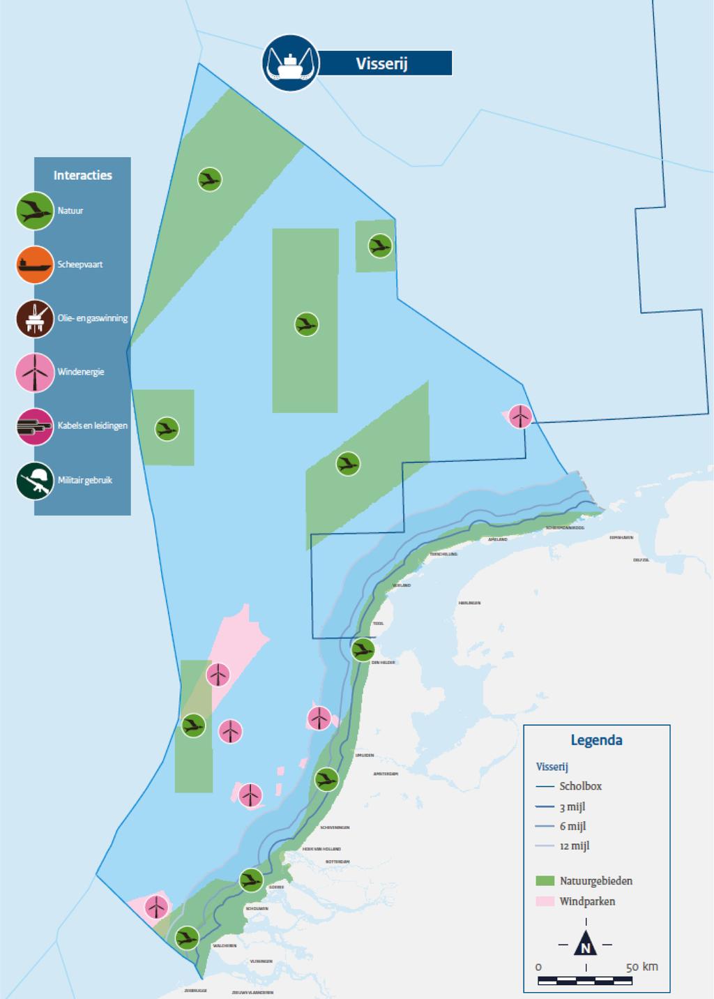 Figuur 10 Zonering visserij met indicatie interacties Het nationaal visserijbeleid is vastgelegd in vier nota s: Ruimte voor een zilte oogst: naar een omslag in de Nederlandse schelpdiercultuur,